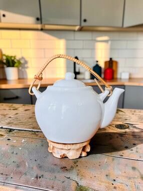 Vintage White Ceramic Teapot with Bamboo Handle | Minimalist Tea Pot Set